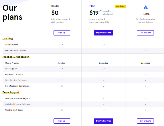Codecademy pricing plans