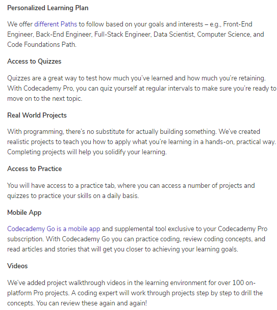Codecademy pro features