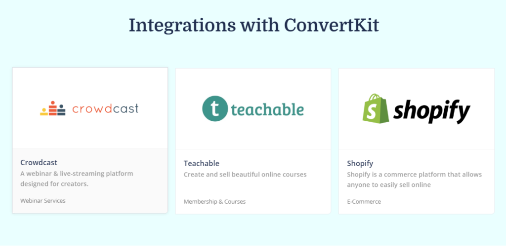 ConvertKit Integrations: Teachable, Shopify, Crowdcast, etc.
