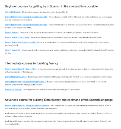 Synergy Spanish Course structure