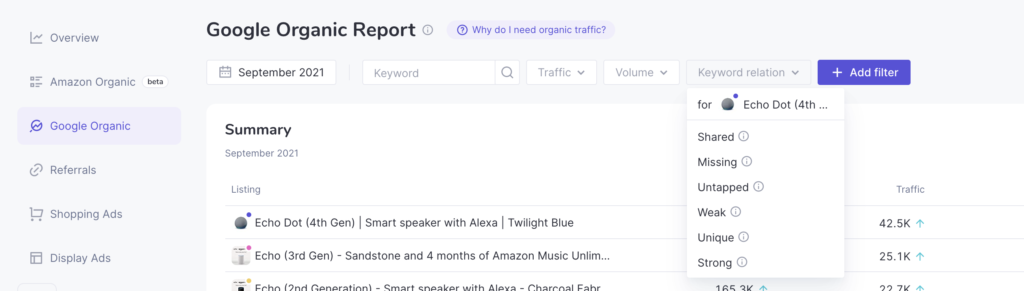 Opțiunile de filtrare din Traffic Insights