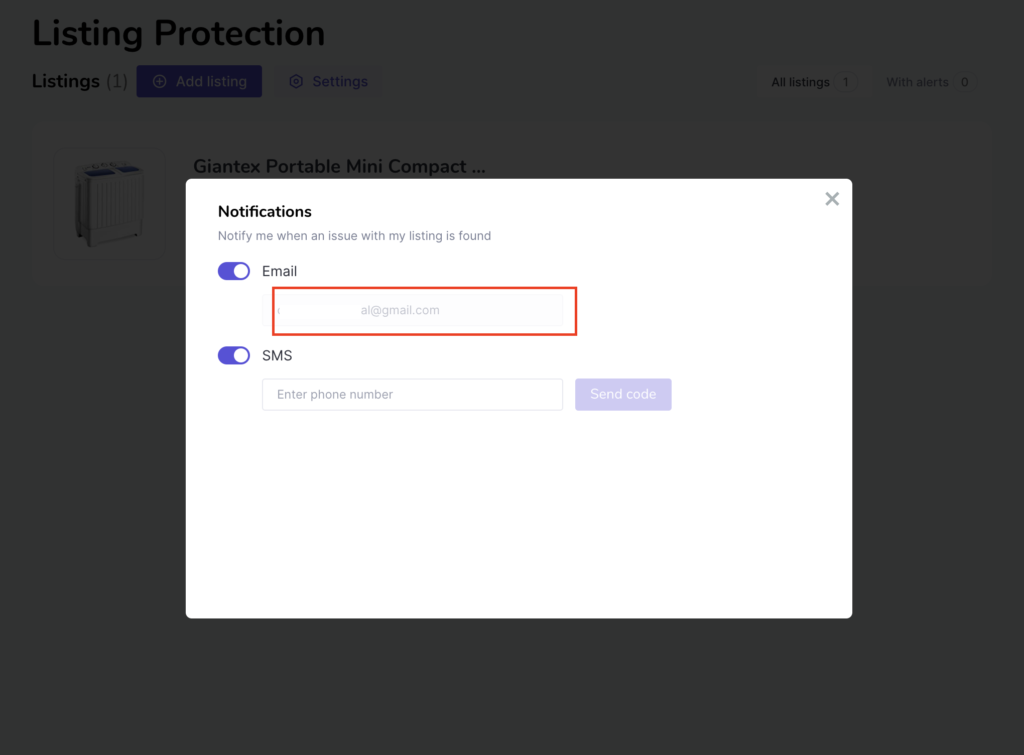 Activați serviciul de notificare prin e-mail și telefon cu Amazon Listing Protection of Sellzone