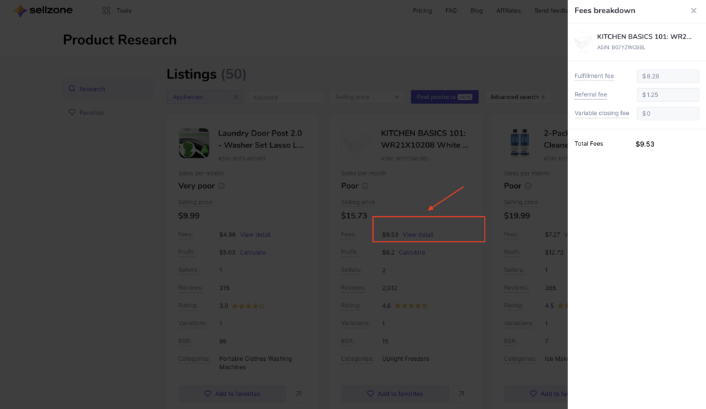 Fees breakdown Amazon FBA Tool Sellzone