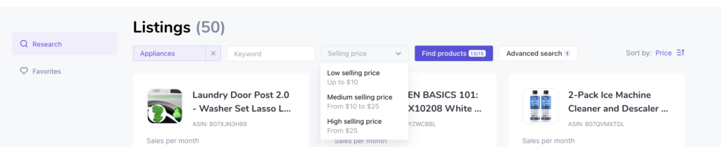 Sellzone produktforskningsfilter