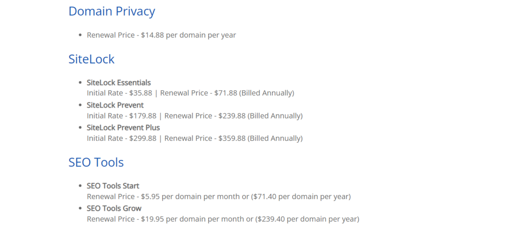 Bluehost Add-ons prices