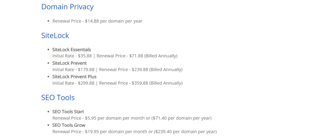 Preise für Bluehost-Add-Ons