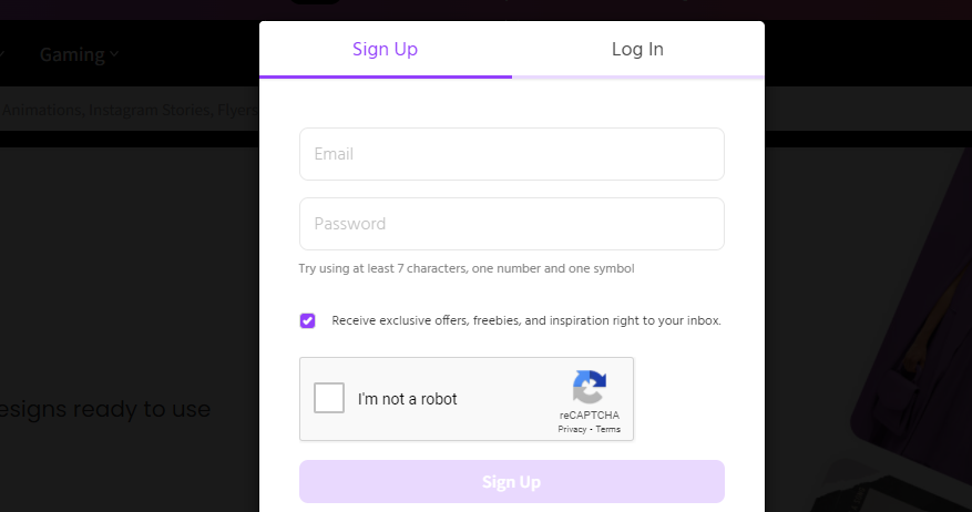Placeit sign up form