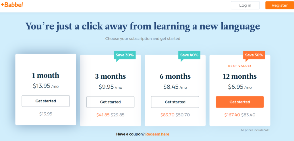 Pricing plans of Babbel