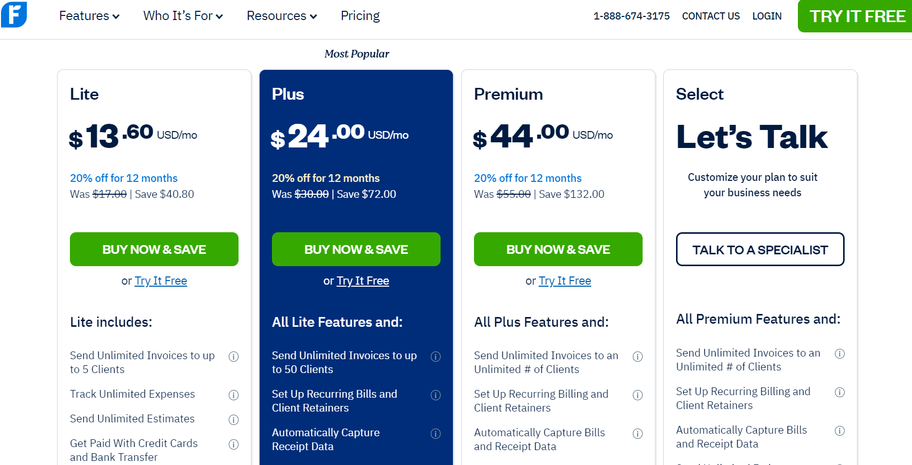 Pricing plan of FreshBooks
