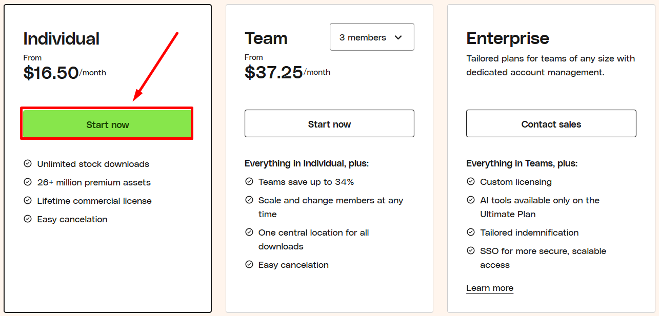 envato pricing plans step